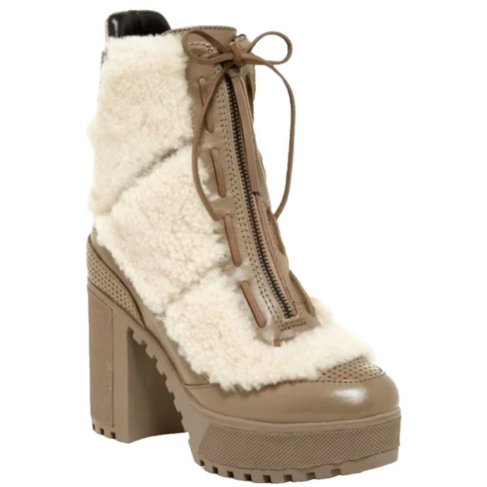 Atelje 71 Asta Taupe Leather Shearling Lug Ankle Boots